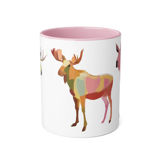 Tasse bicolore rose et blanc — Orignaux multicolores style expressionniste