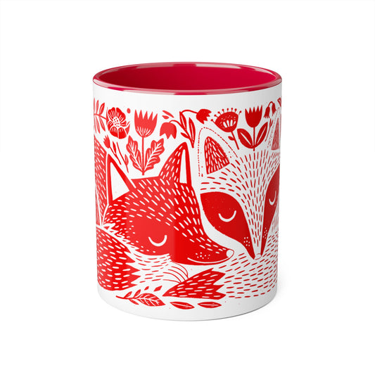 Tasse bicolore — Deux renards endormis linocut rouge vif