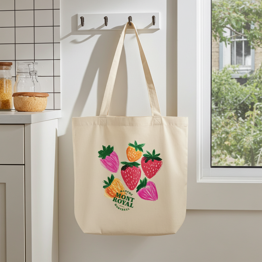 Bolso tote beige de algodón orgánico – Diseño de fresas coloridas Marché Mont-Royal