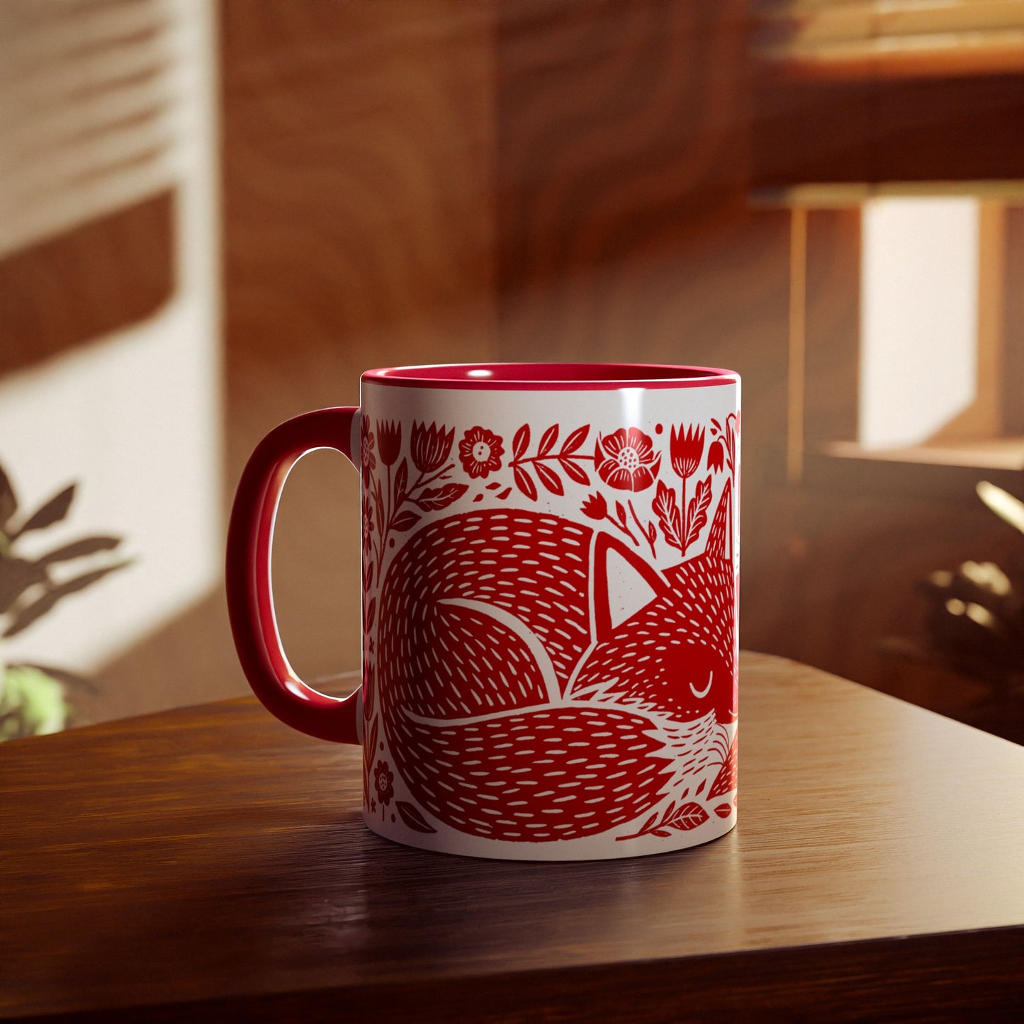 Tasse bicolore — Deux renards endormis linocut rouge vif