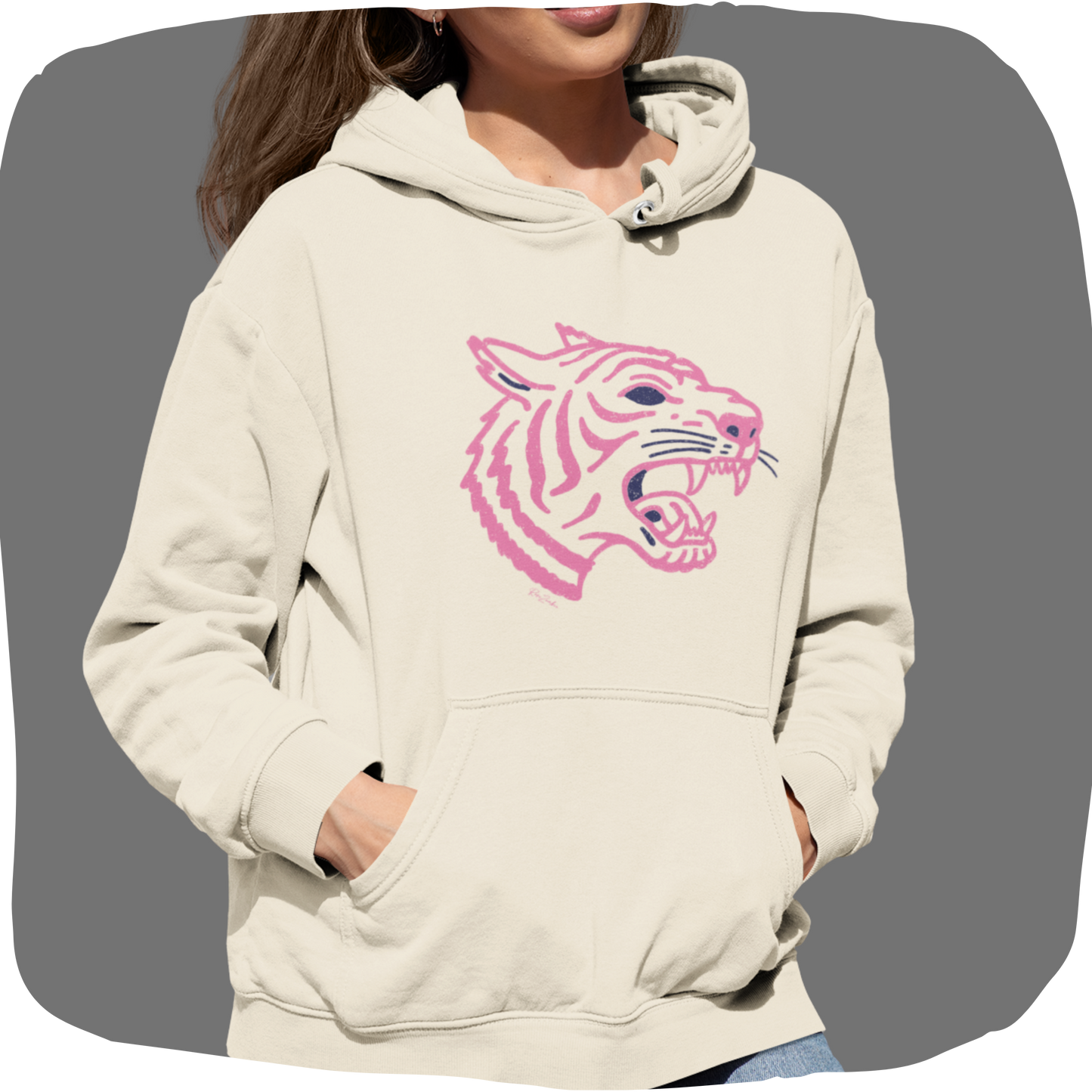 Sweat à capuche en coton bio – Tigre rose graphique