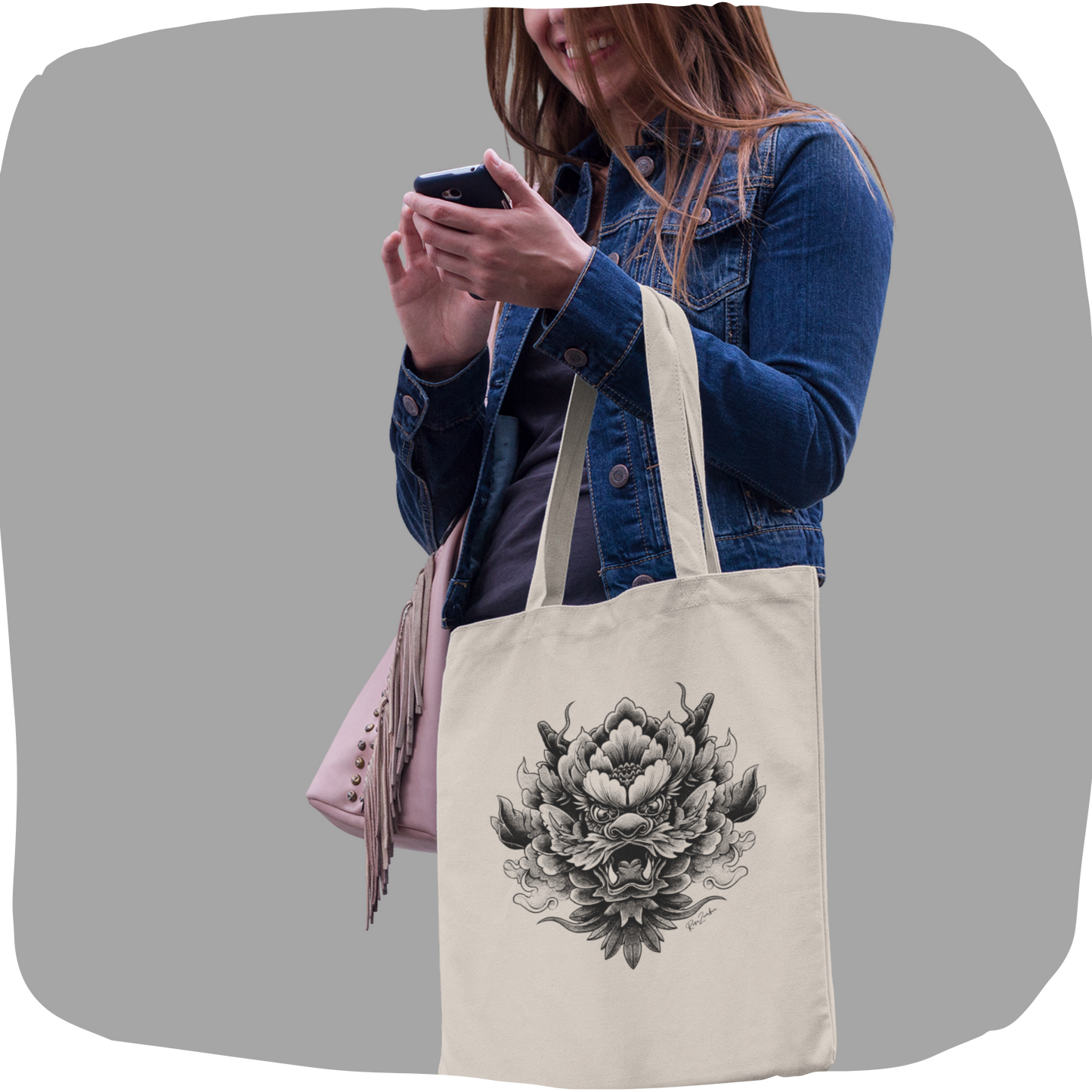 Sac tote beige en coton bio – Motif artistique de dragon