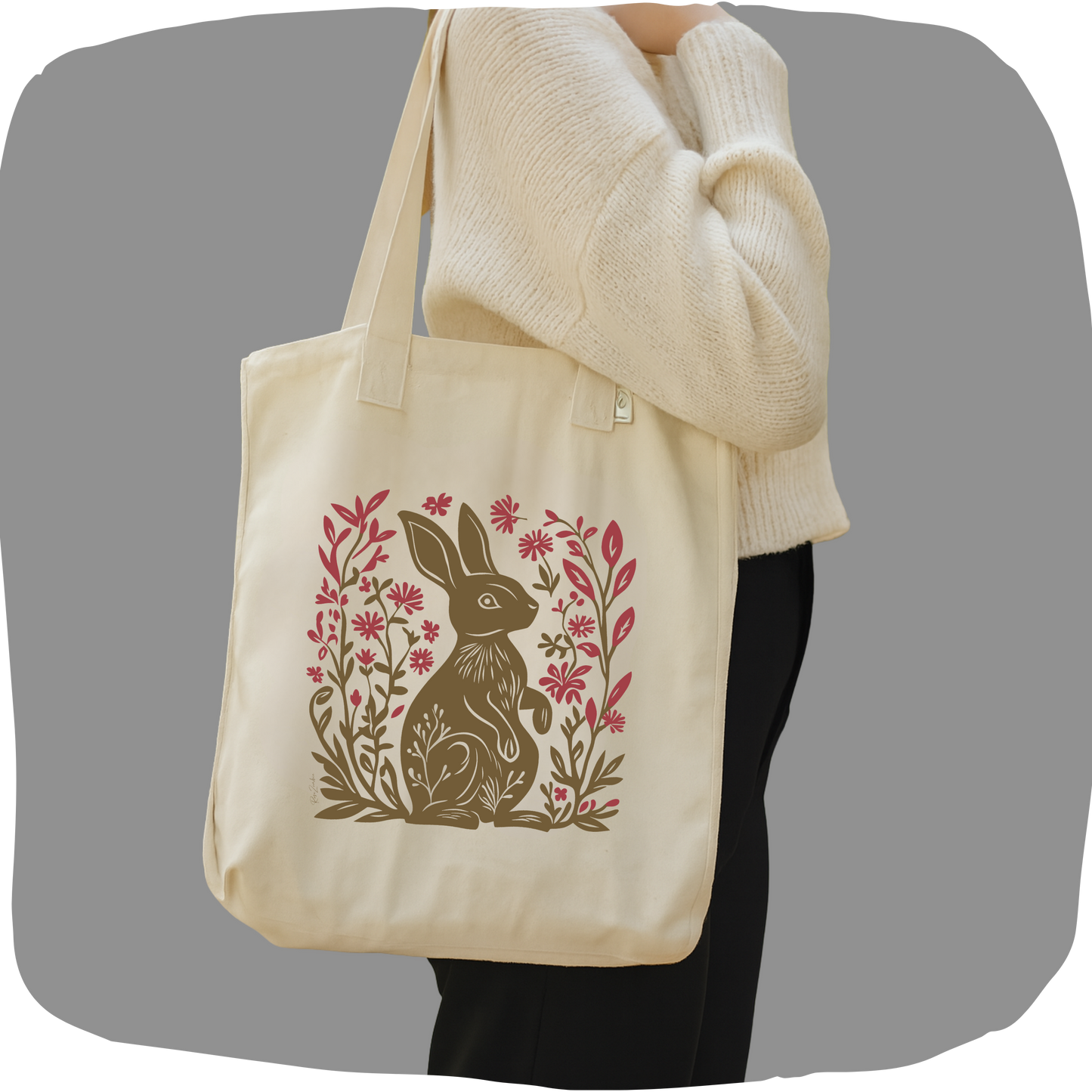 Sac tote de chanvre et coton durable - Imprimé de lapin style linogravure