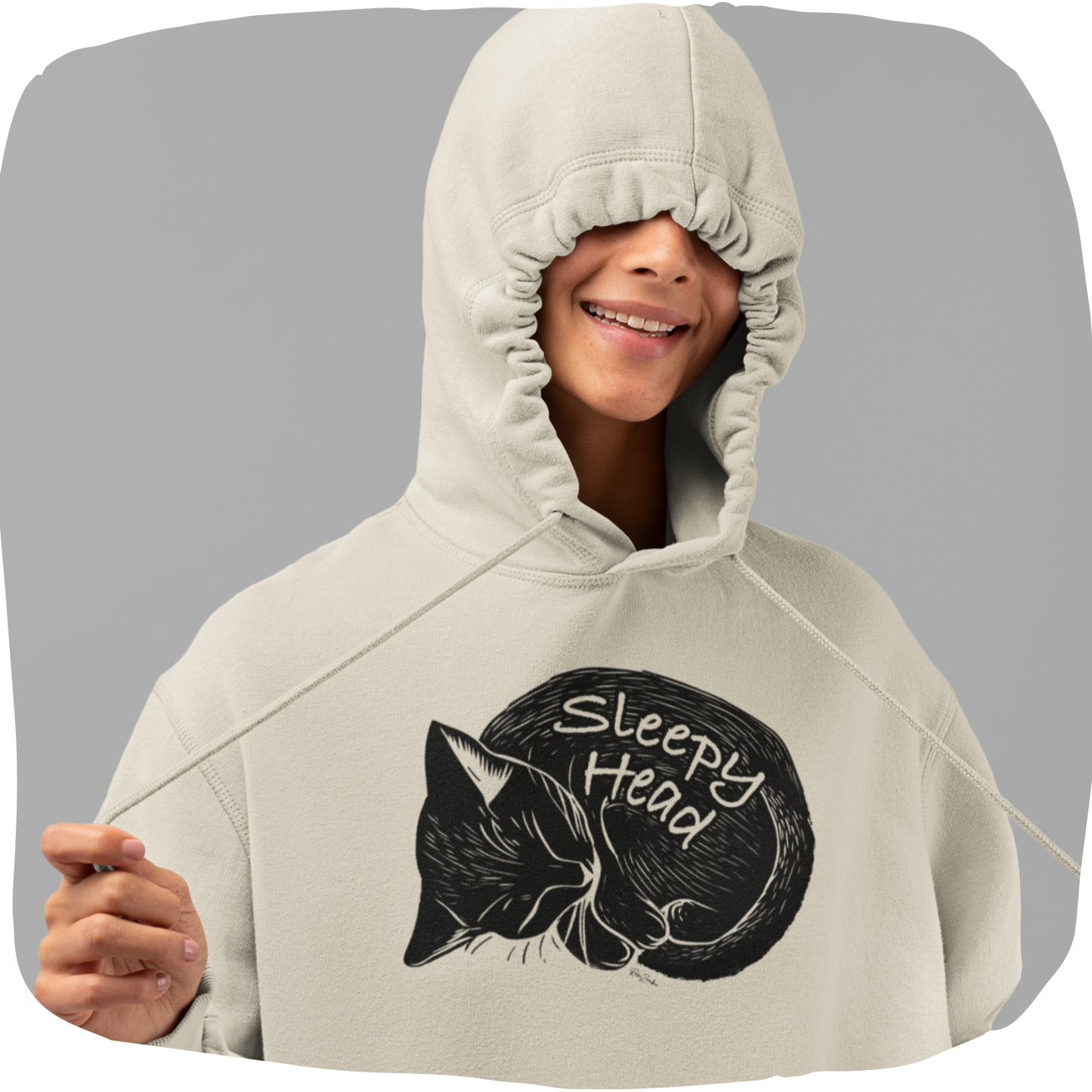 Sweatshirt à capuche en coton bio – Chat endormi en style sérigraphie