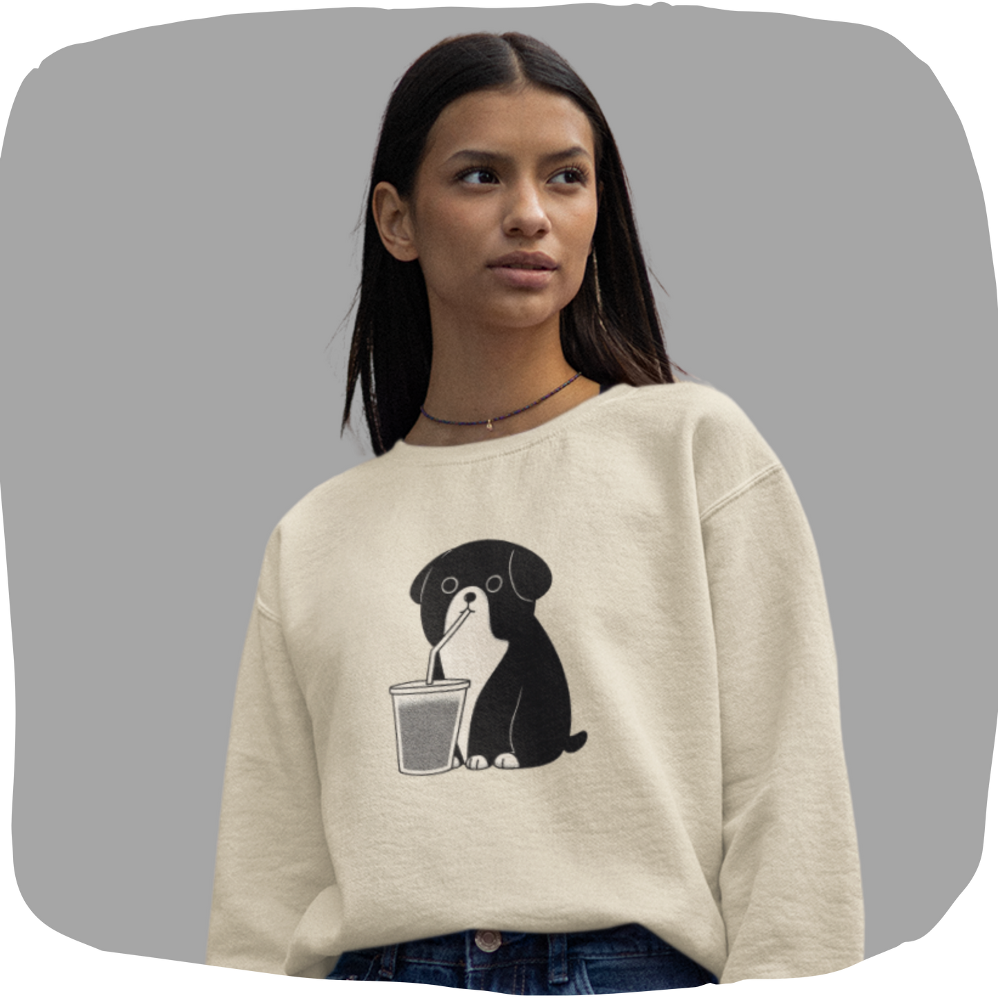 Pull en coton bio – Épaisseur moyenne – Chien et tasse de café glacé