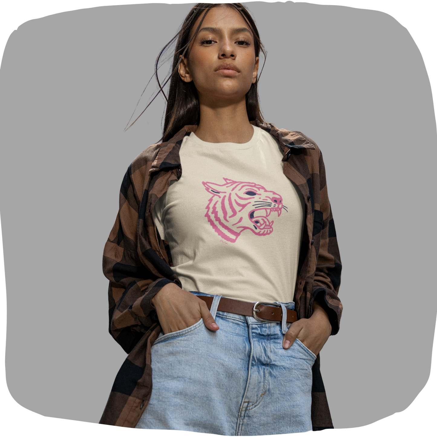 T-shirt en coton biologique - Imprimé de tête de tigre rose