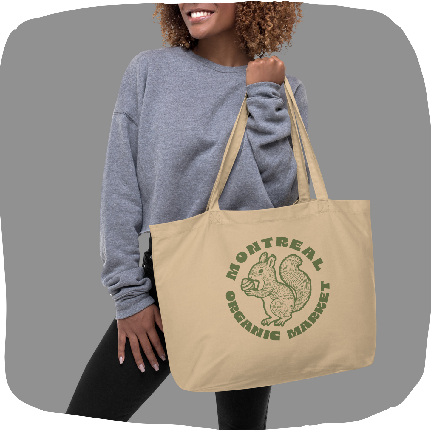 Grand sac tote en coton bio - Thème Montréal avec écureuil en style sérigraphie