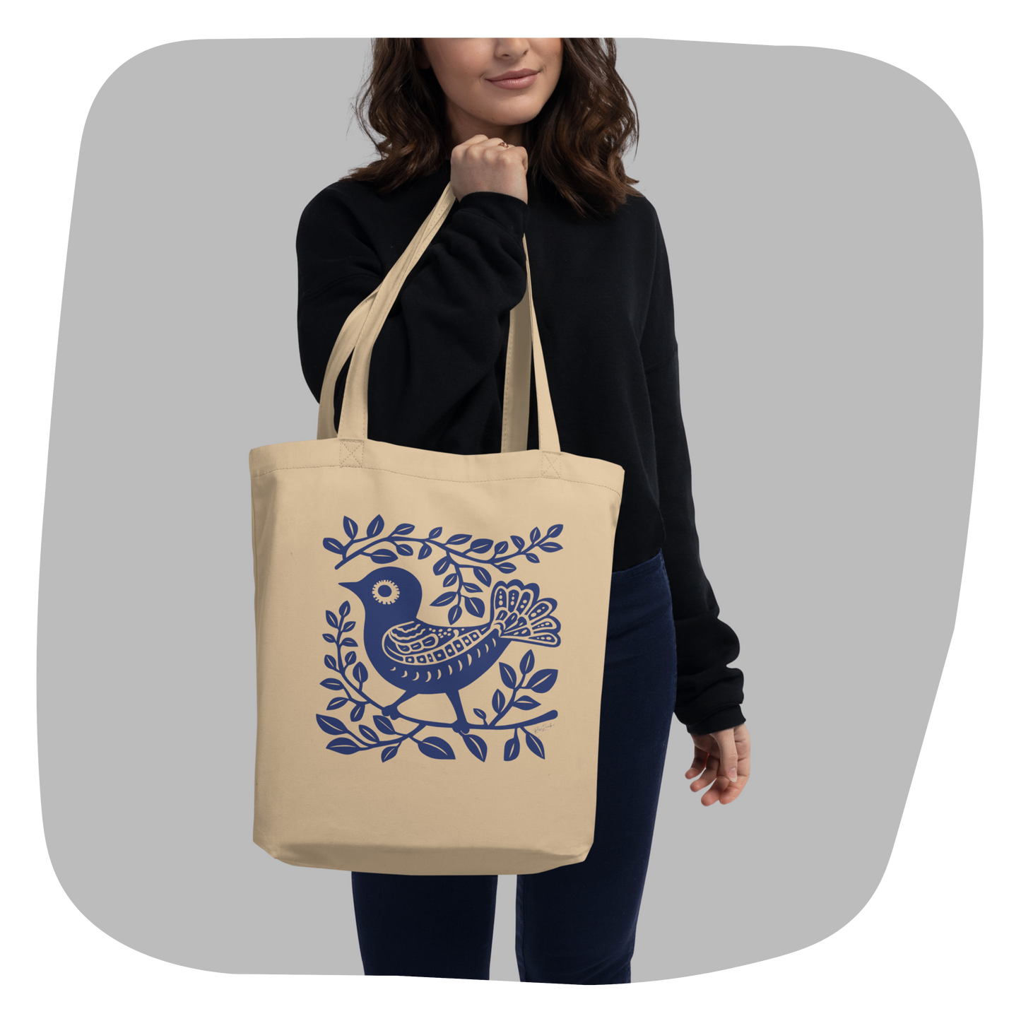 Sac tote beige en coton bio - Motif artistique d'oiseau - rose zombie