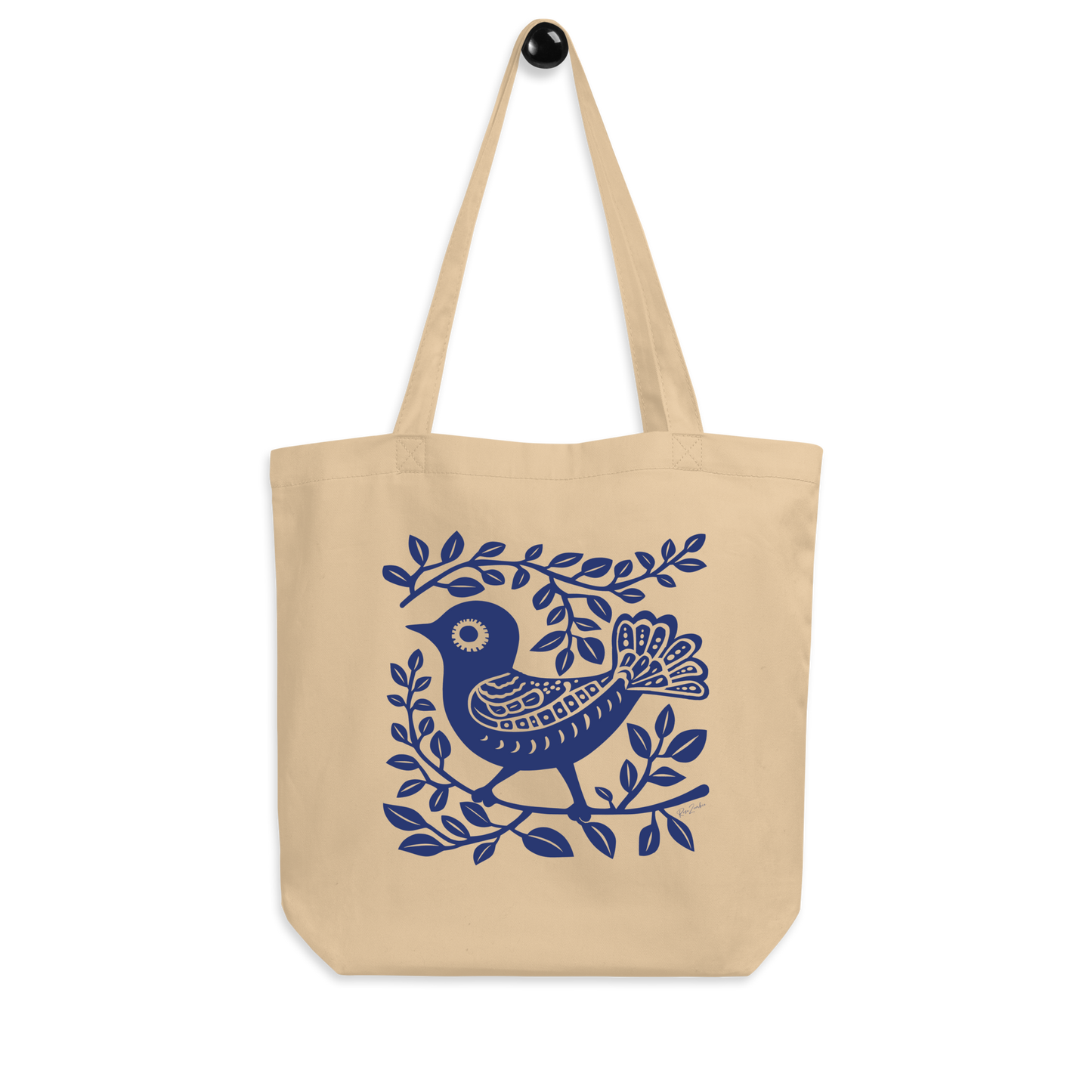 Sac tote beige en coton bio - Motif artistique d'oiseau - rose zombie