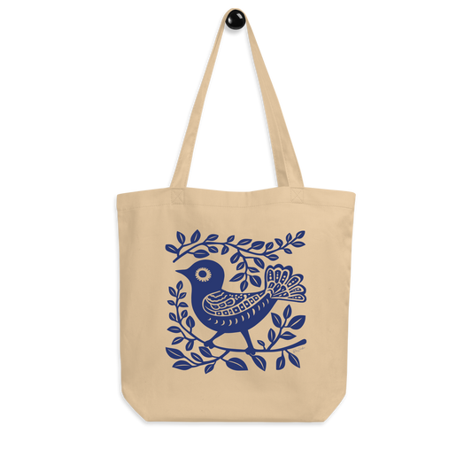 Sac tote beige en coton bio - Motif artistique d'oiseau - rose zombie