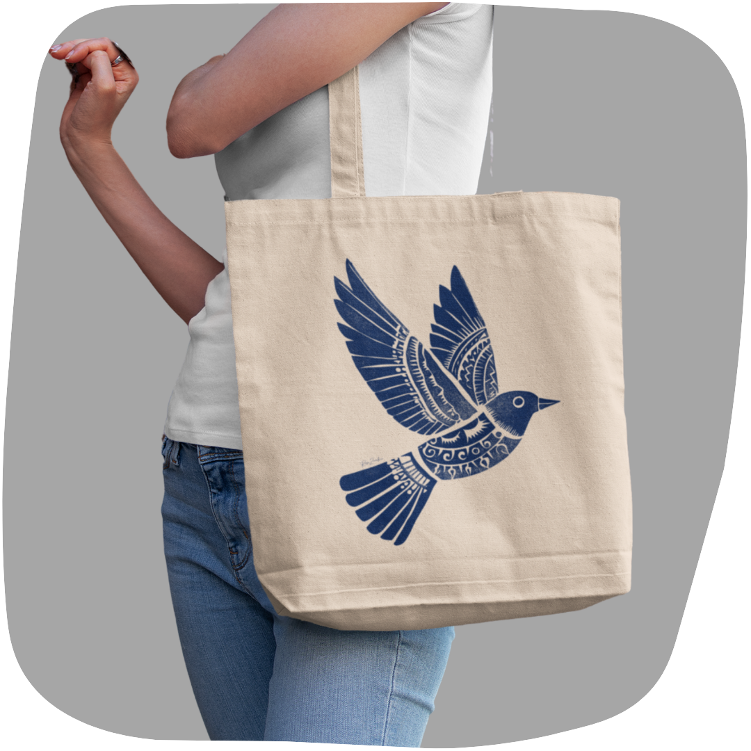 Sac tote en matériaux recyclés - Imprimé d'oiseau style linogravure