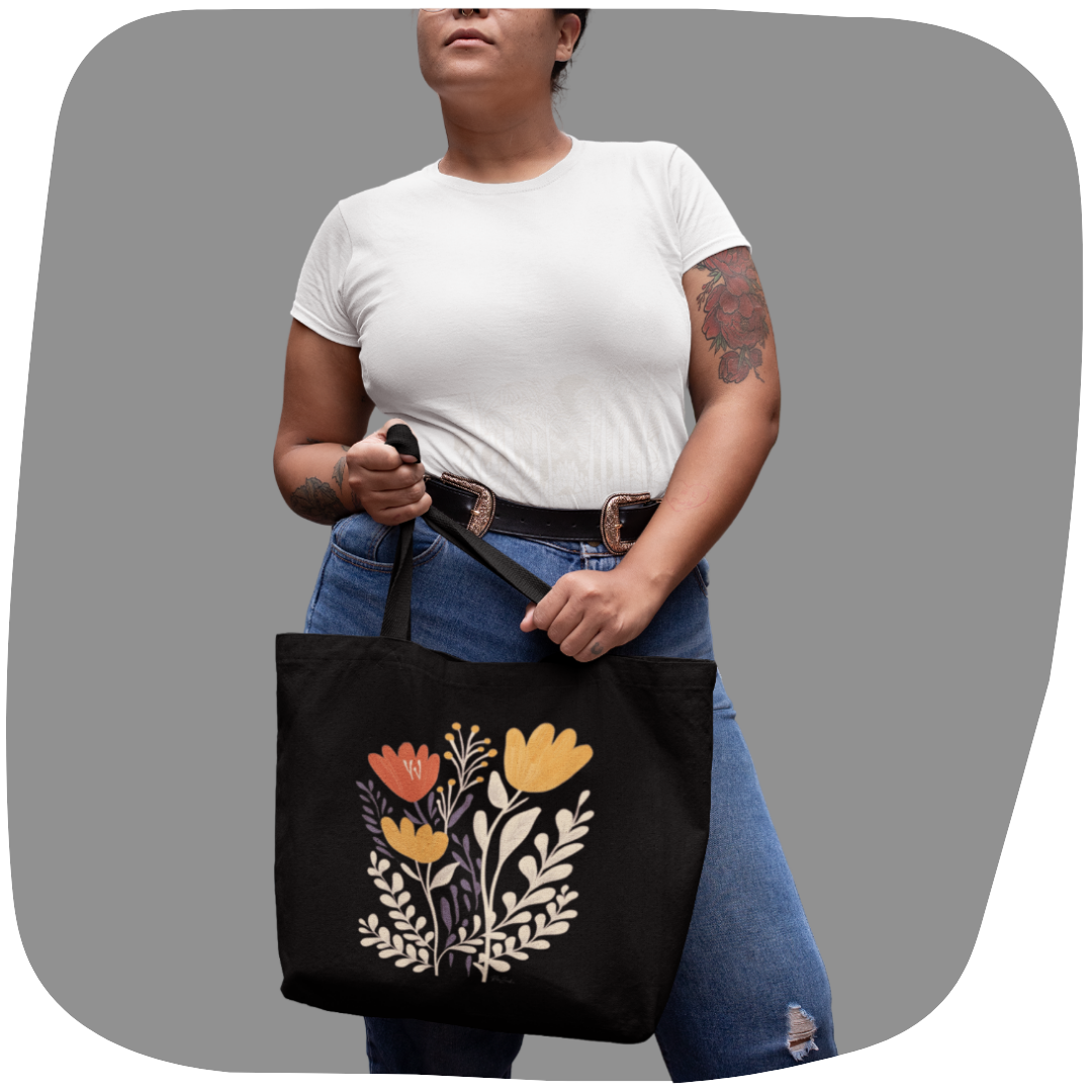 Sac en coton écolo noir - Motif floral - rose zombie