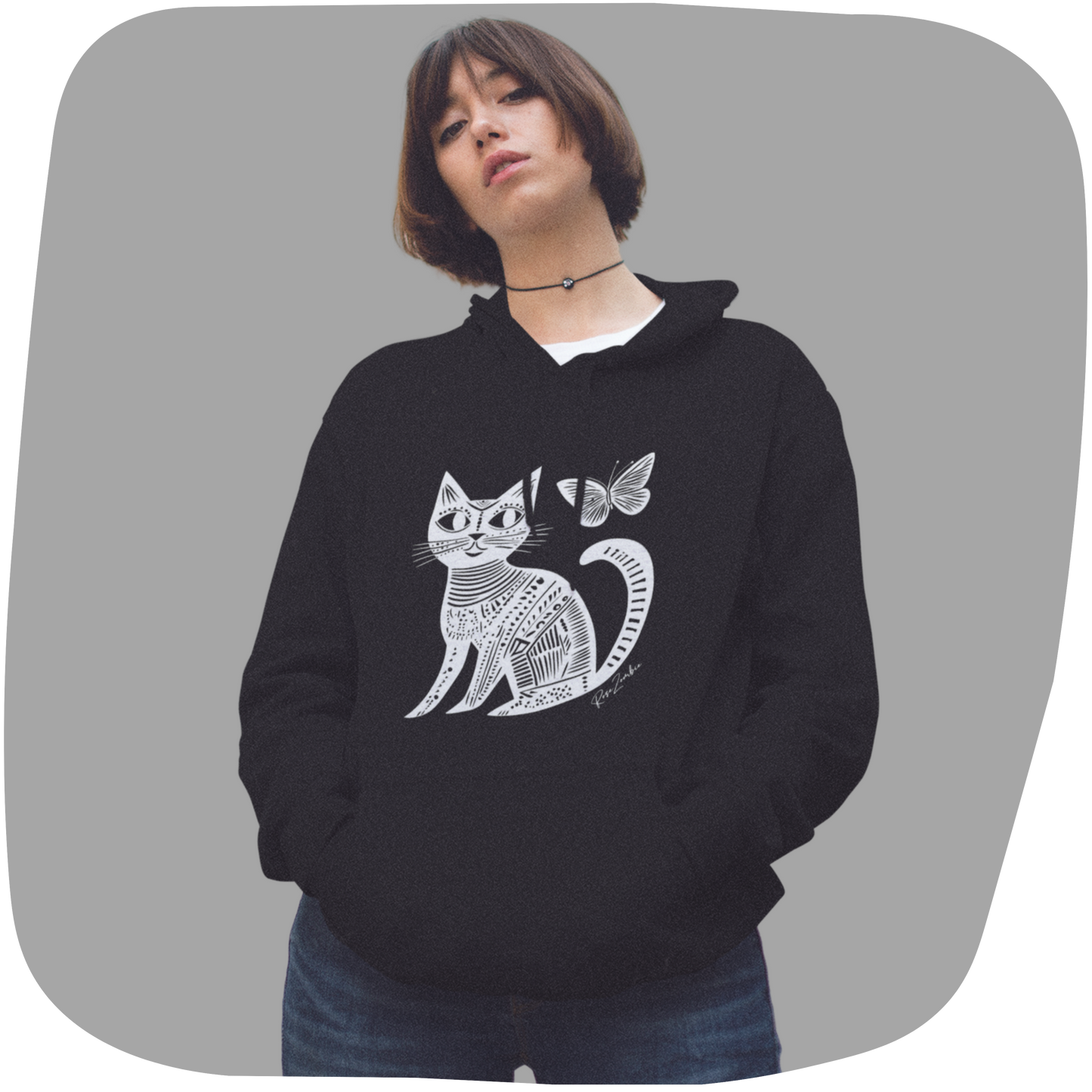 Black ecofriendly hoodie with White cat print