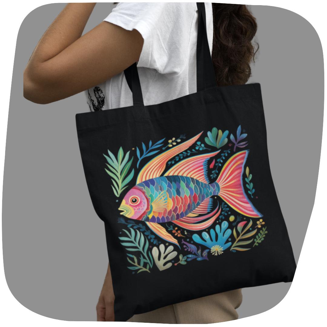Sac tote écolo noir - Motif de poisson tropical - rose zombie