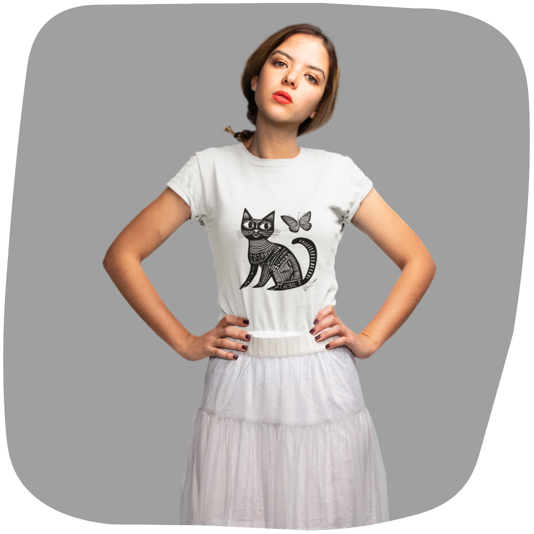 T-shirt en coton bio - Motif de chat - rose zombie