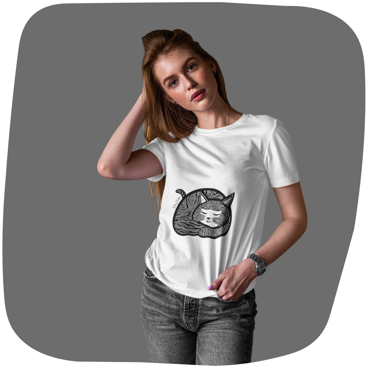 T-shirt en coton bio - Motif de chat - rose zombie