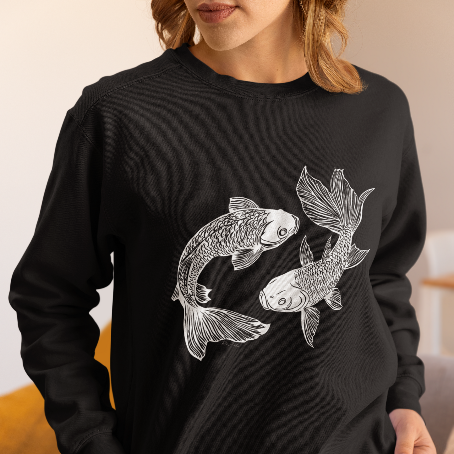 Pull oversize en coton bio – Poissons stylisés yin yang