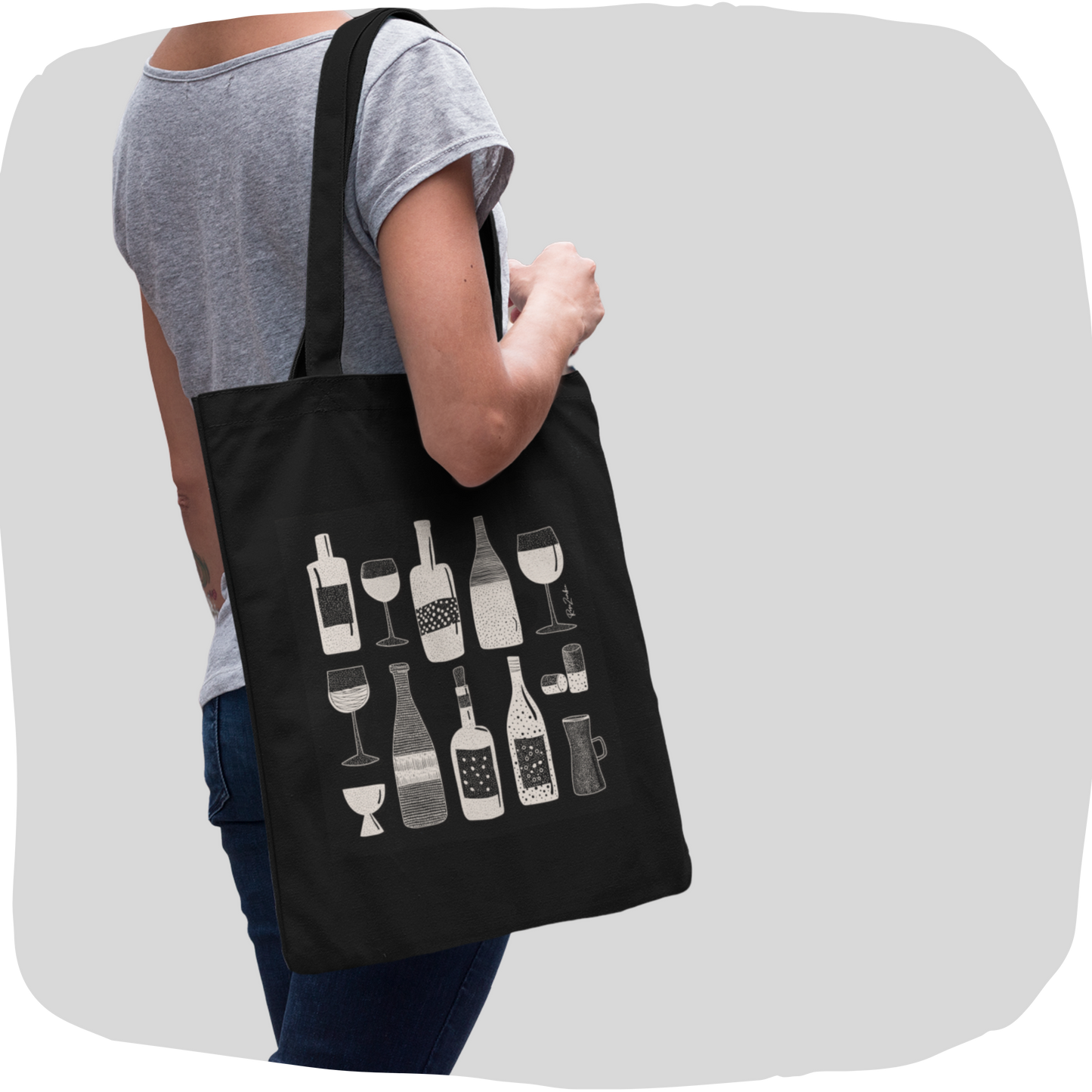 Sac tote noir en coton bio – Motif vin et Verres