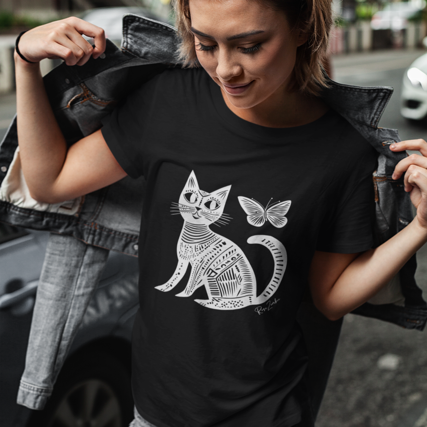 T-shirt femme en coton bio – Illustration artistique d'un chat