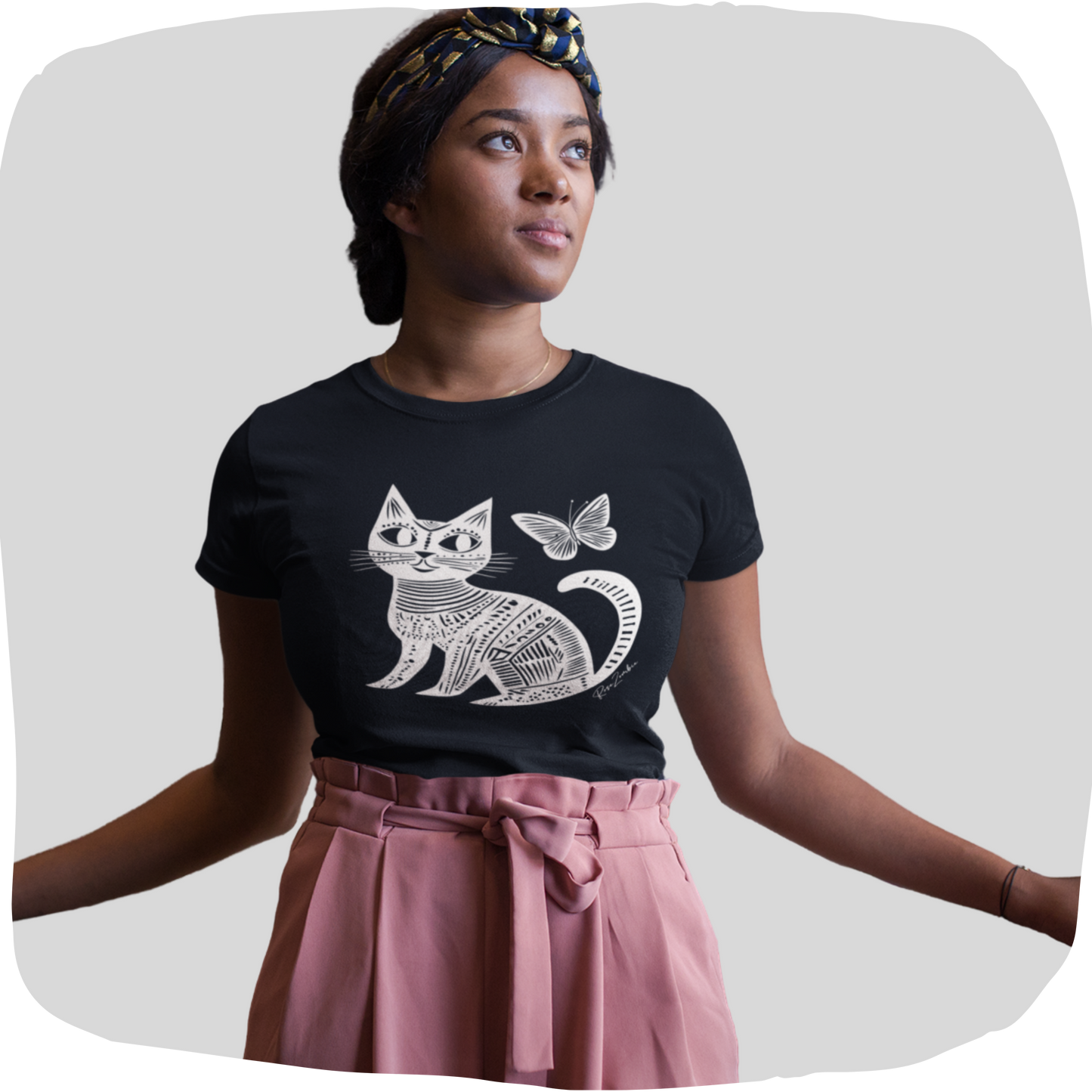 T-shirt femme en coton bio – Illustration artistique d'un chat