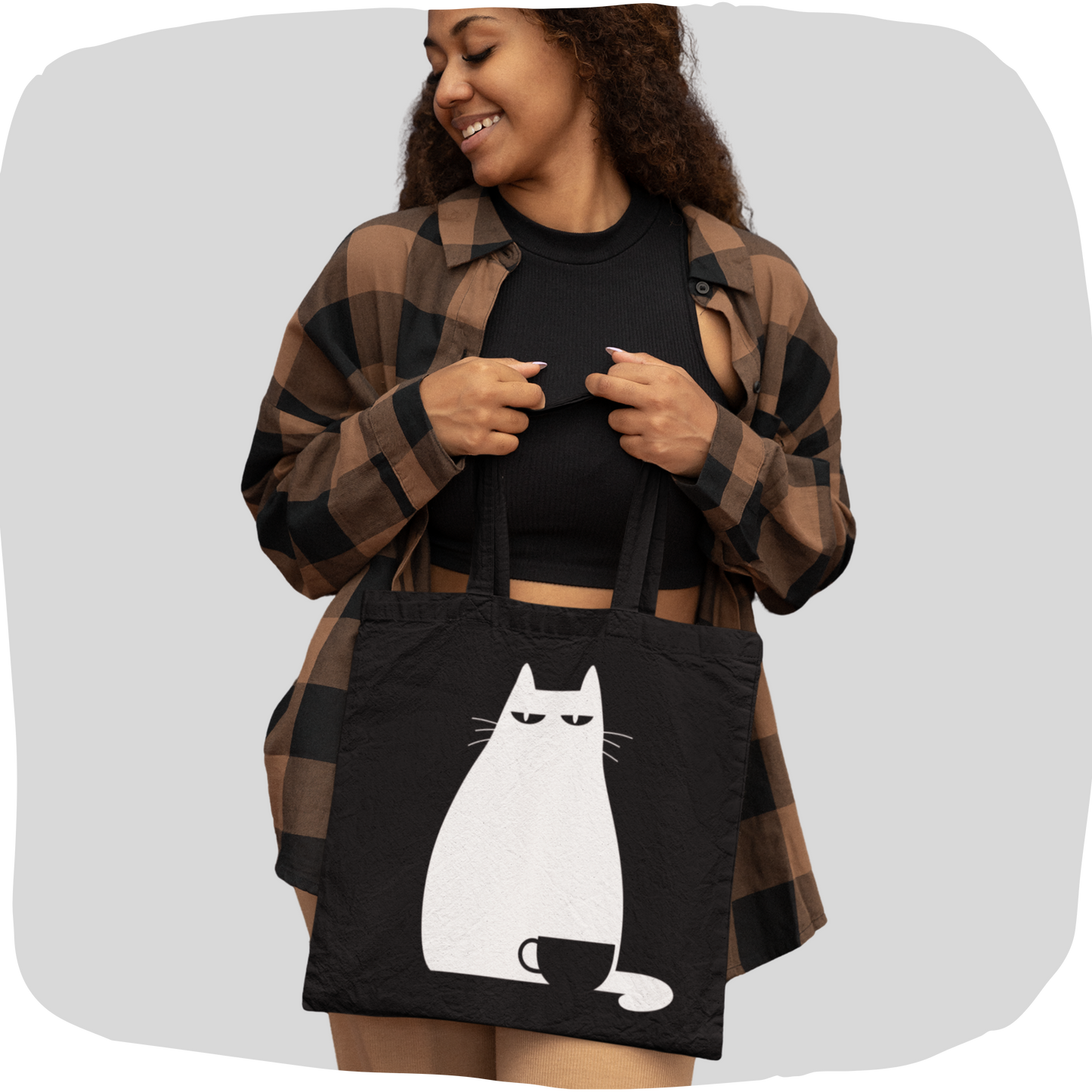 Black recycled tote bag cat coffee
