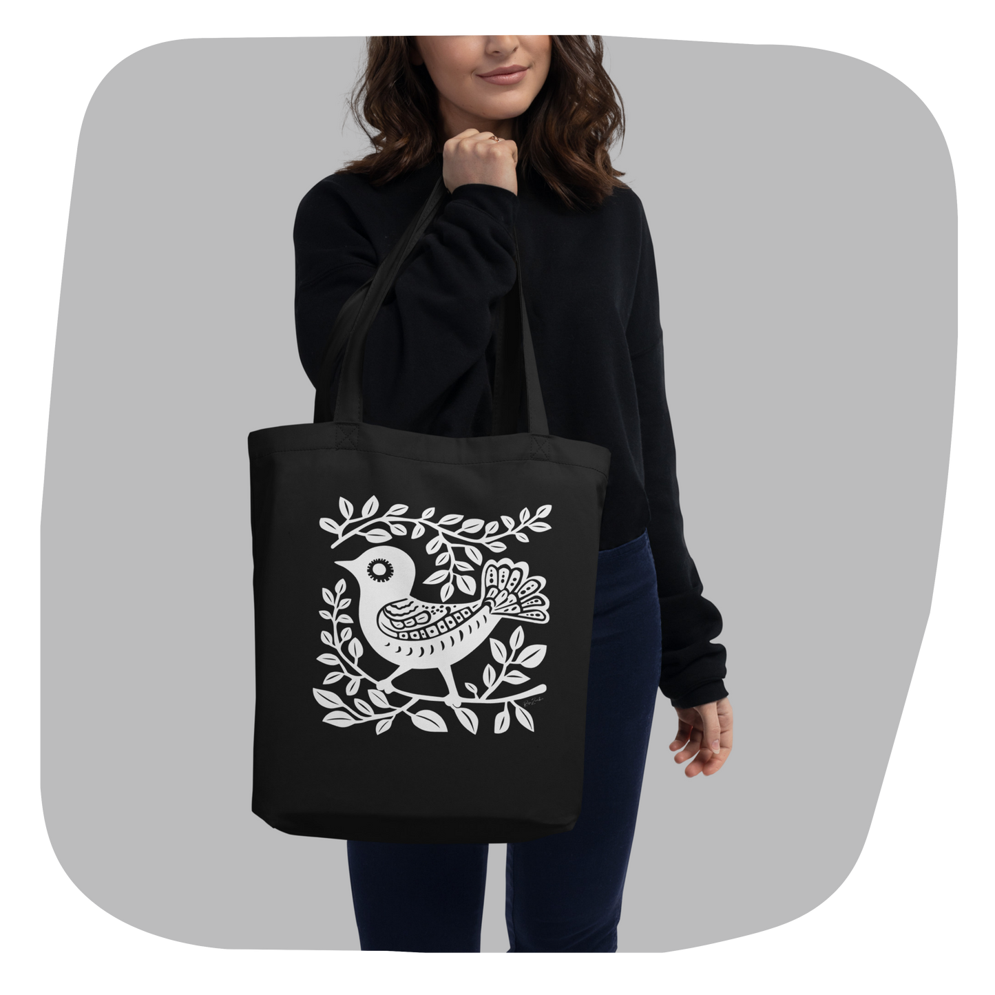 Sac tote noir en coton bio - Motif artistique d'oiseau - rose zombie