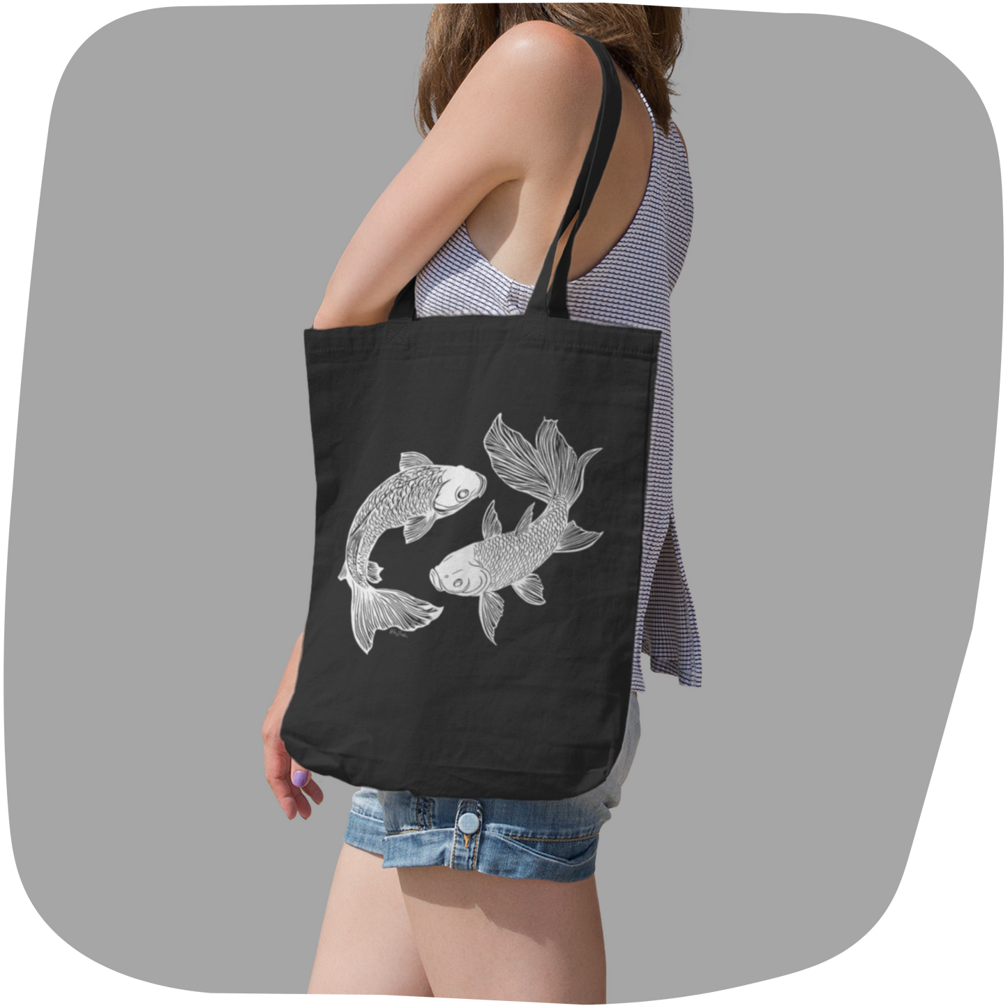 Sac tote noir en coton bio - Imprimé de poissons style sérigraphie
