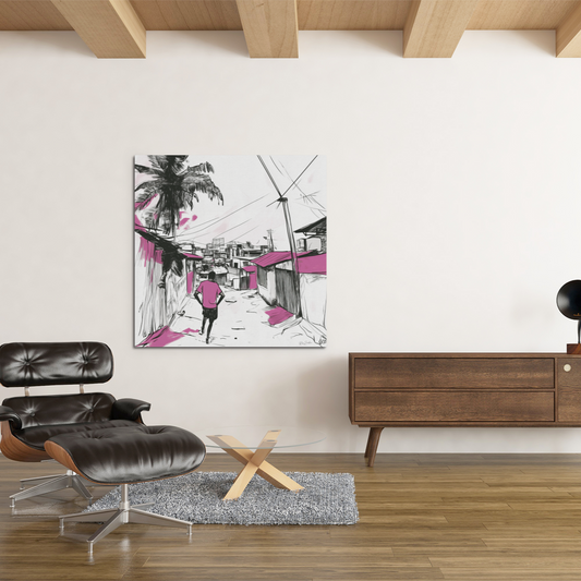 Affiche déco style croquis paysage caribéen, rose et noir, mur salon moderne, rose zombie