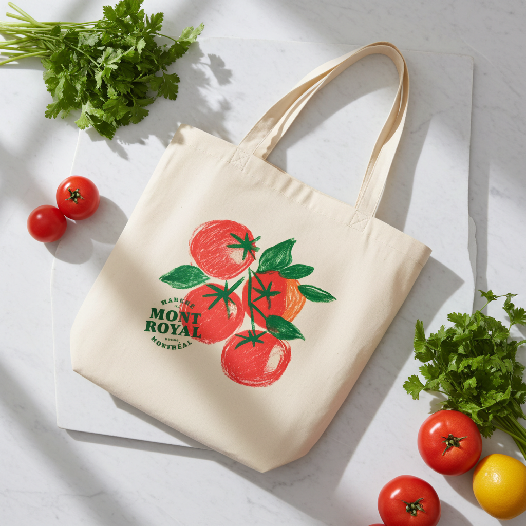 Sac tote beige en coton bio – Design tomates Marché Mont-Royal