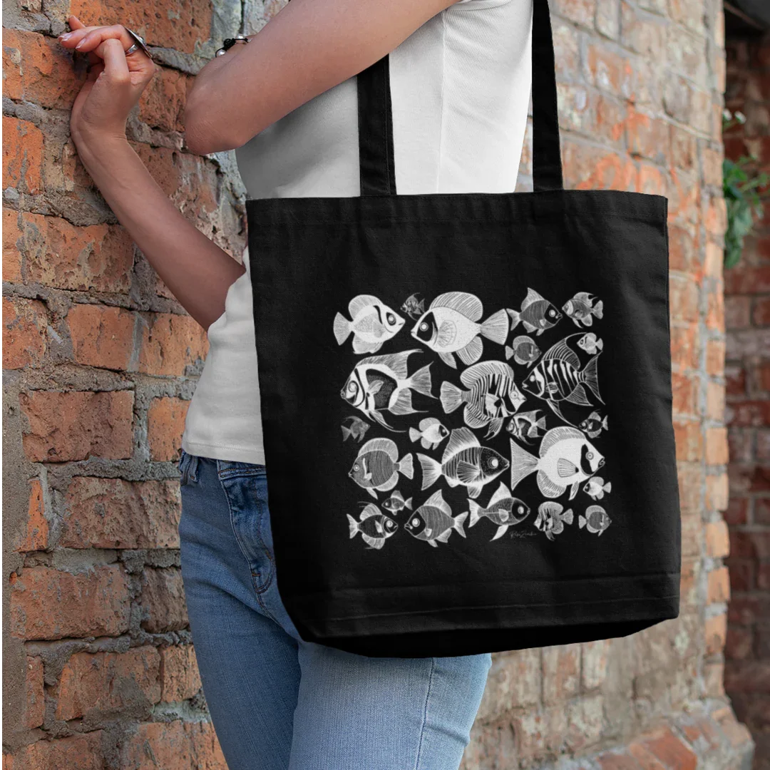 Sac tote noir en coton bio Mako - Motif marin - rose zombie