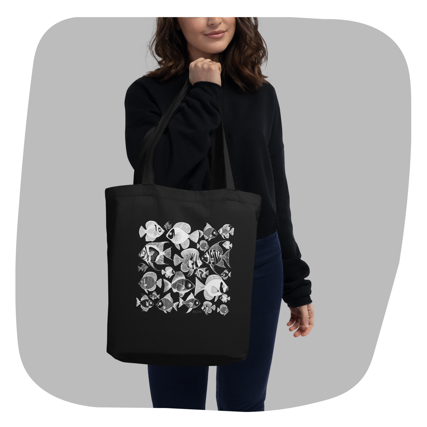 Sac tote noir en coton bio Mako - Motif marin - rose zombie