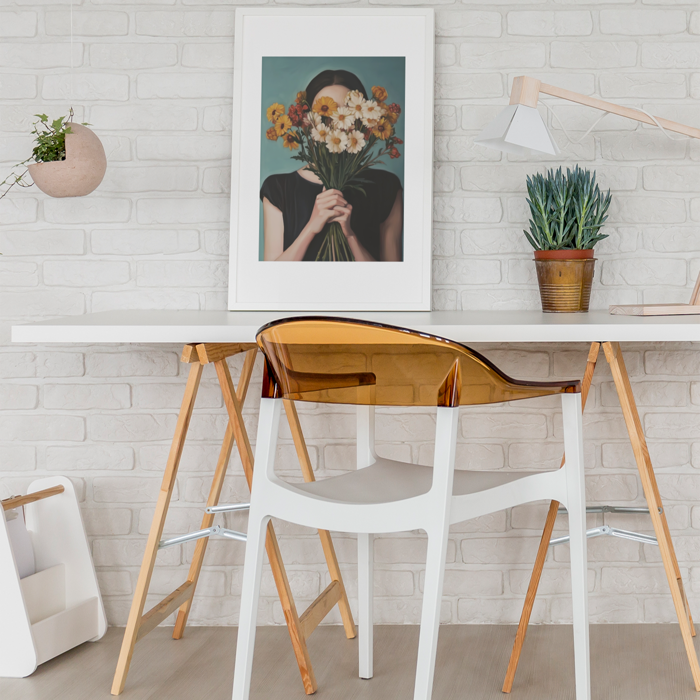 Poster imprimé style peinture d'une jeune femme avec un bouquet de fleurs