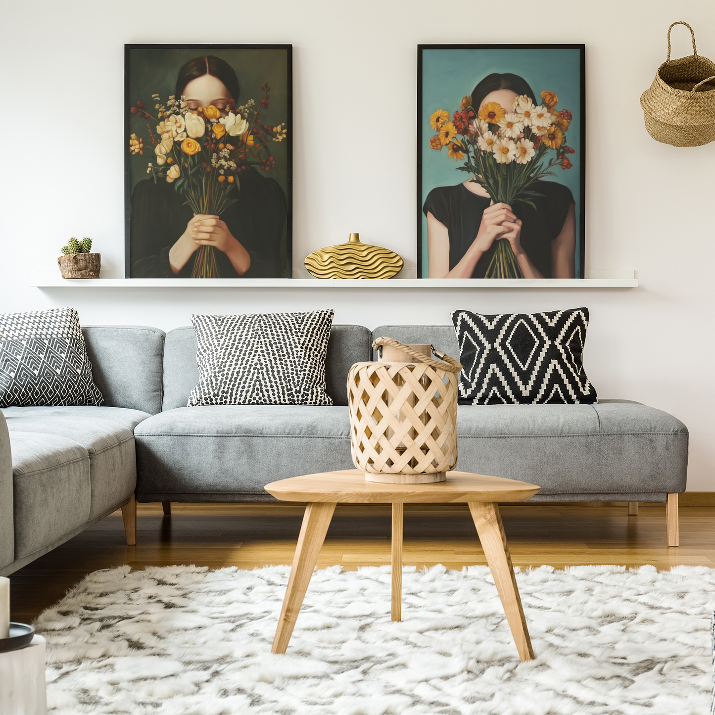 Poster imprimé style peinture d'une jeune femme avec un bouquet de fleurs