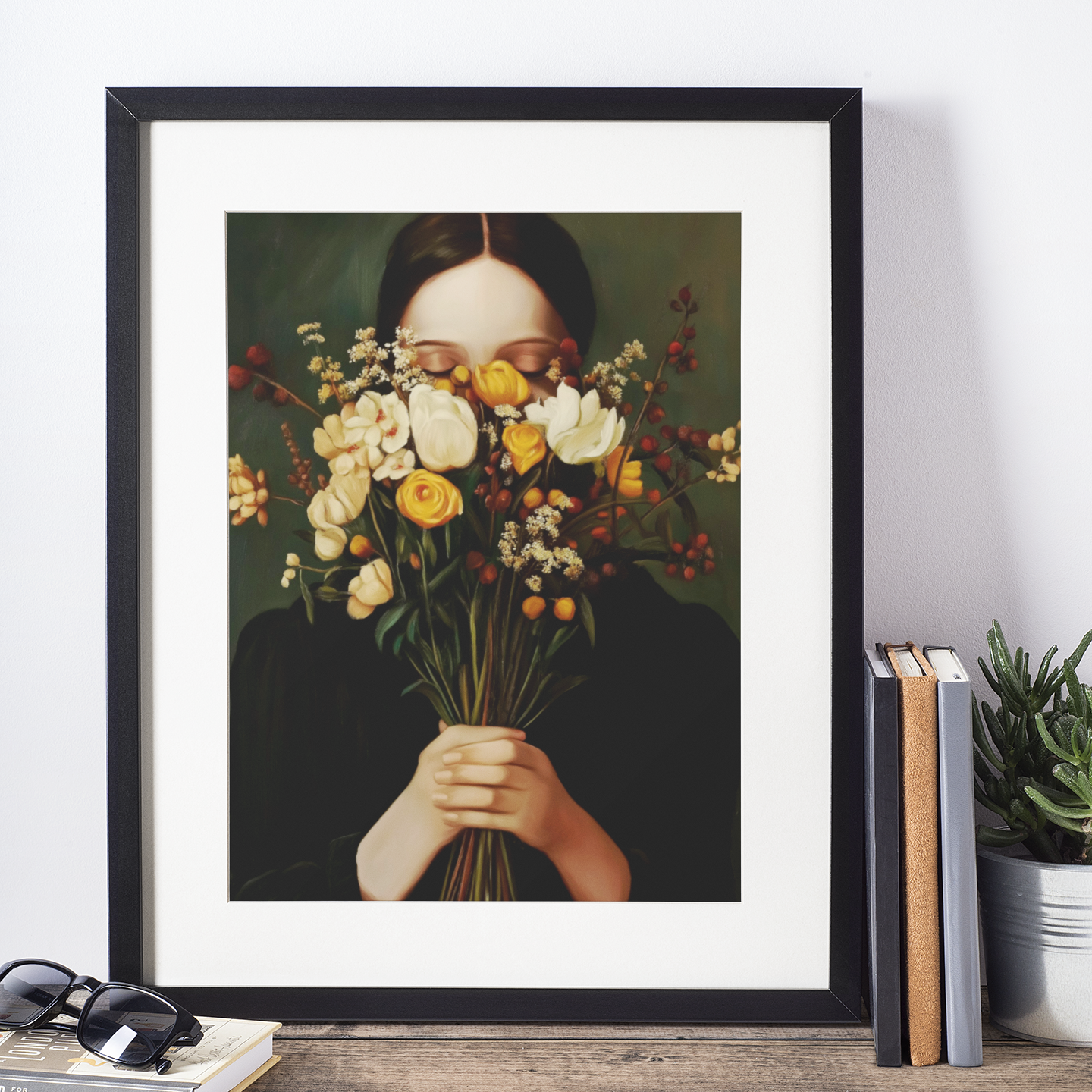 Poster imprimé style peinture d'une jeune femme avec un bouquet de fleurs