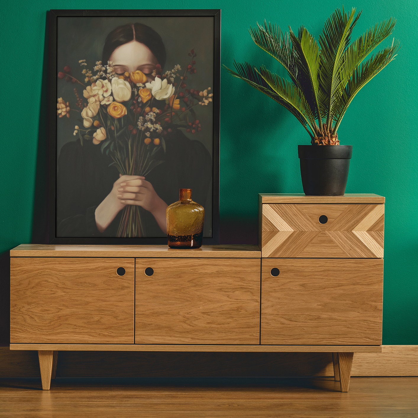 Poster imprimé style peinture d'une jeune femme avec un bouquet de fleurs