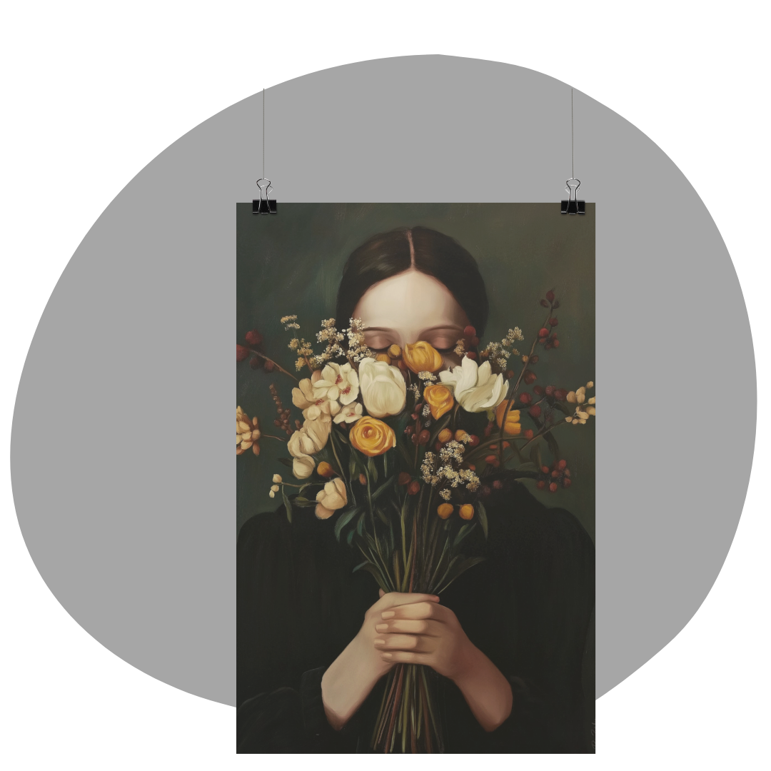 Poster imprimé style peinture d'une jeune femme avec un bouquet de fleurs