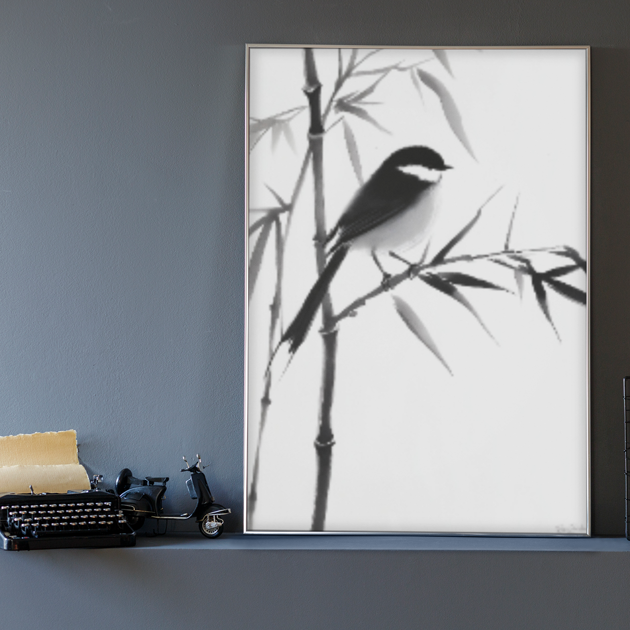 Poster imprimé écolo en style esquisse à l'encre de Chine - Illustration d'un oiseau