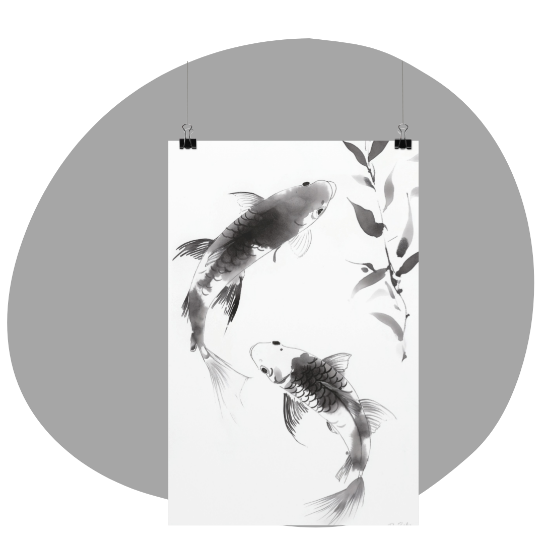 Poster imprimé écolo en style esquisse à l'encre de Chine - Illustration de poissons