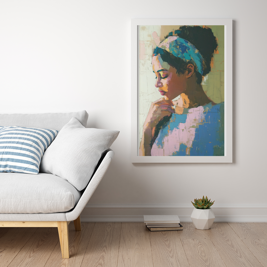 Affiche éco-responsable style peinture, femme créole, déco murale moderne, salon cosy
