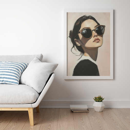 Affiche déco style peinture écolo, portrait femme lunettes, salon moderne, rose zombie