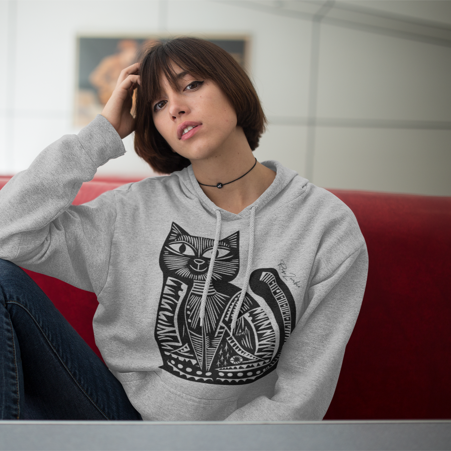 Sweatshirt à capuche en coton durable - Motif de chat - rose zombie