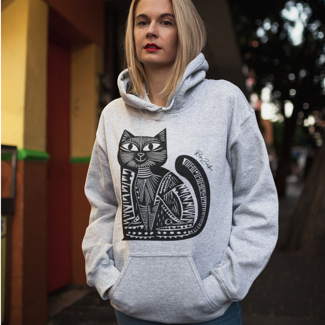 Sweatshirt à capuche en coton durable - Motif de chat - rose zombie