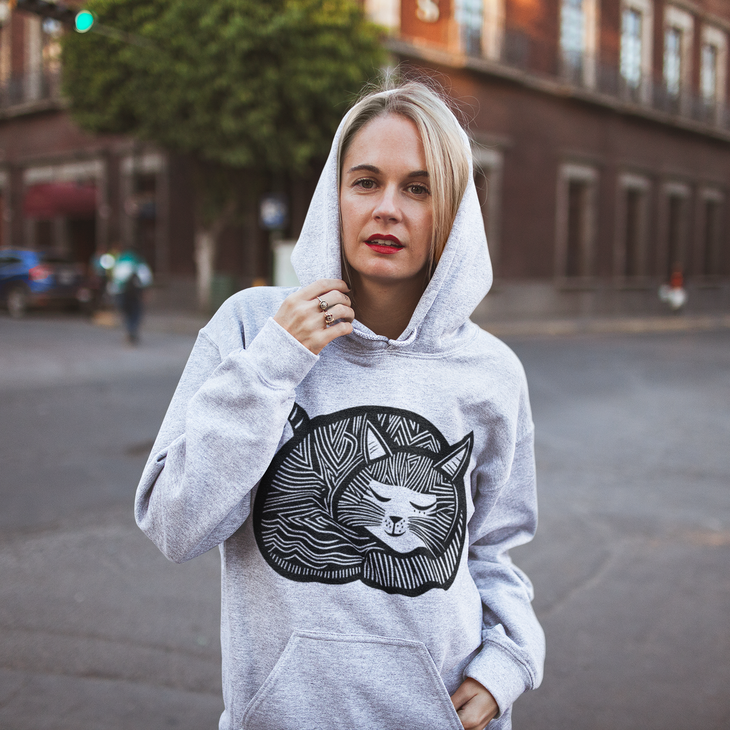 Sweatshirt à capuche en coton durable - Motif de chat - rose zombie