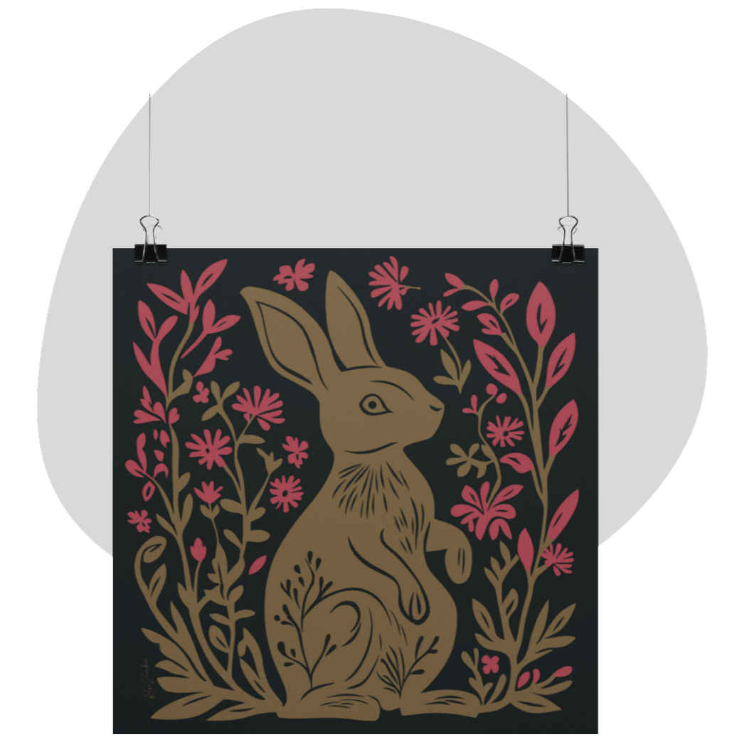 Poster imprimé série Jimani - Lapin en style linogravure - rose zombie