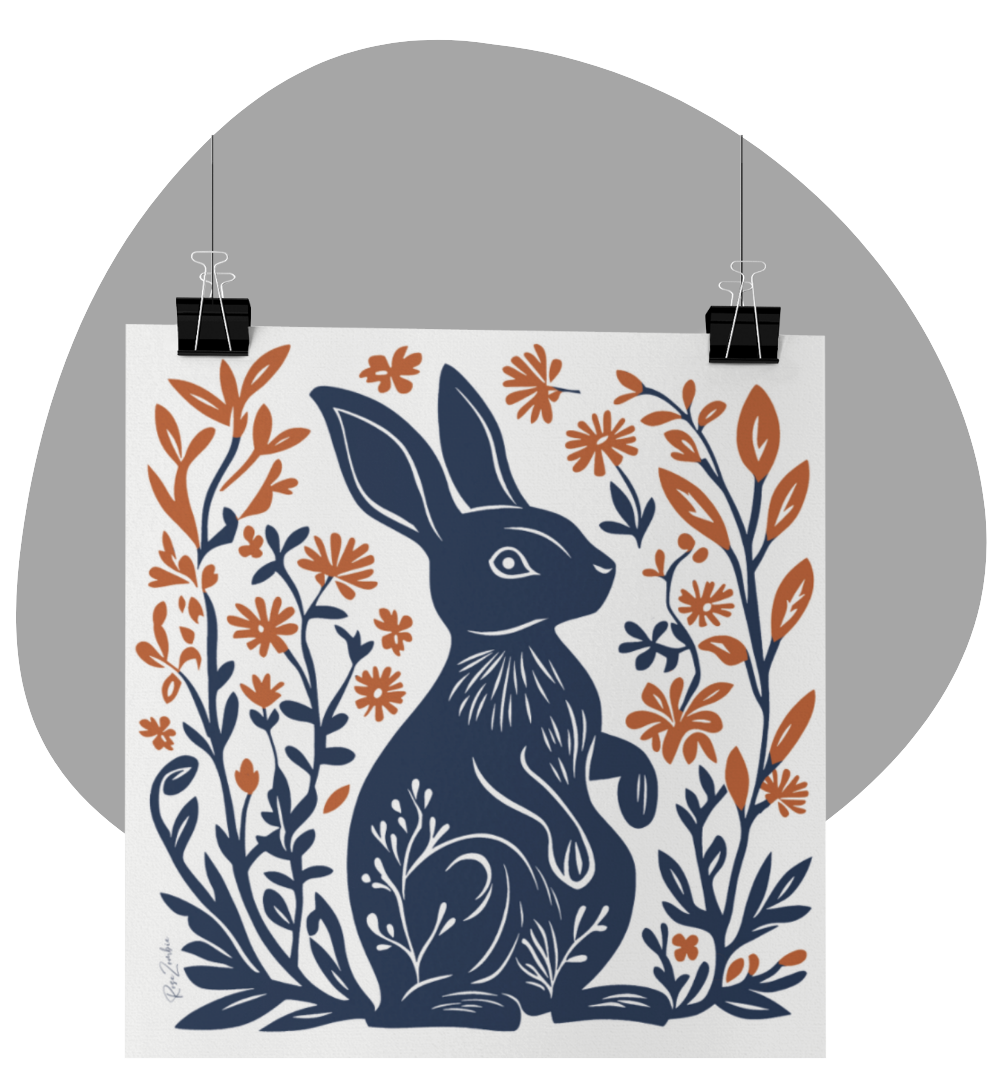 Poster imprimé série Jimani - Lapin en style linogravure - rose zombie