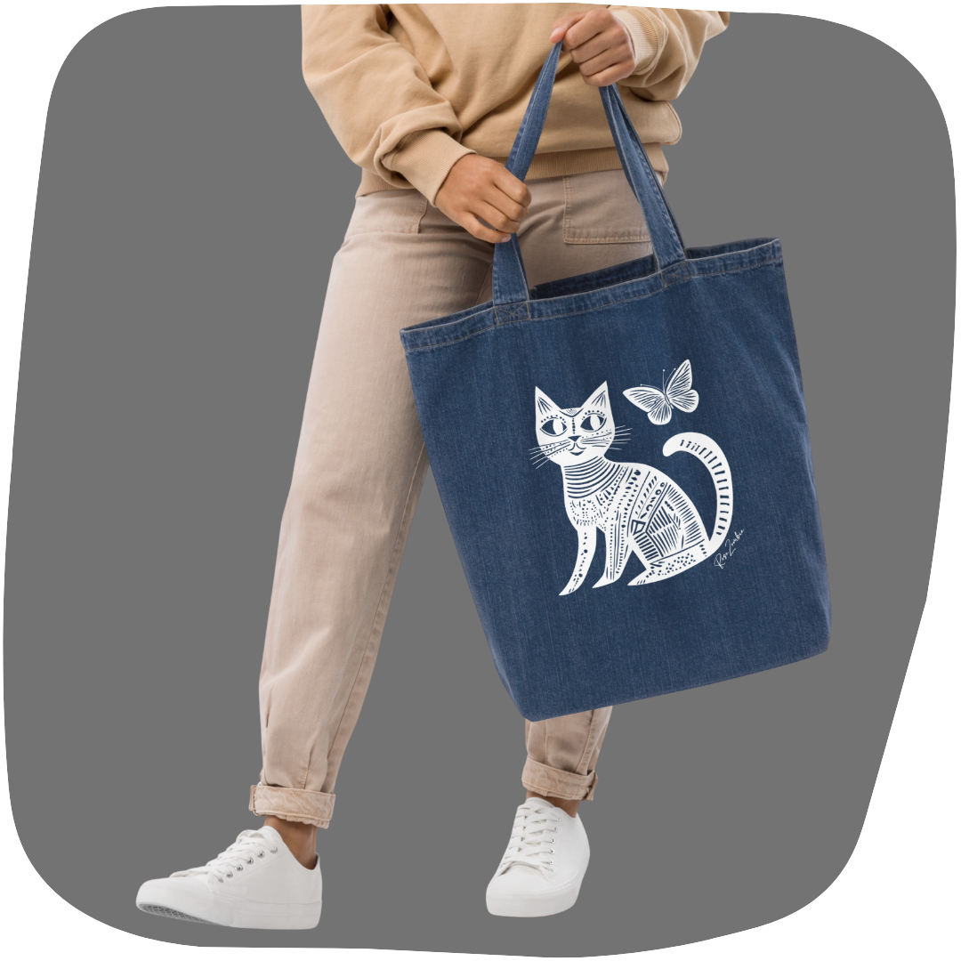 Tote bag en jean écolo - Motif de chats - rose zombie