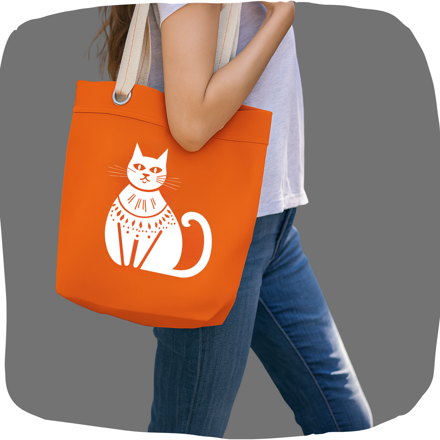 Sac tote orange en coton naturel - Imprimé de chat graphique