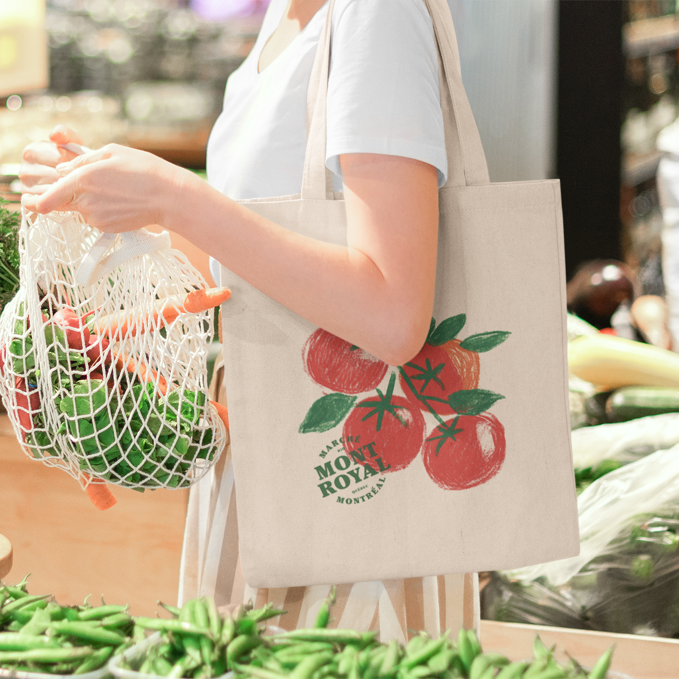 Sac tote beige en coton bio – Design tomates Marché Mont-Royal