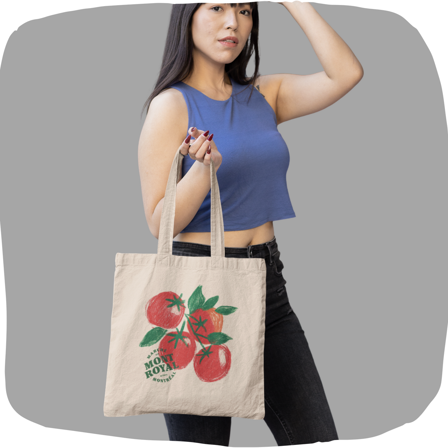 Sac tote beige en coton bio – Design tomates Marché Mont-Royal