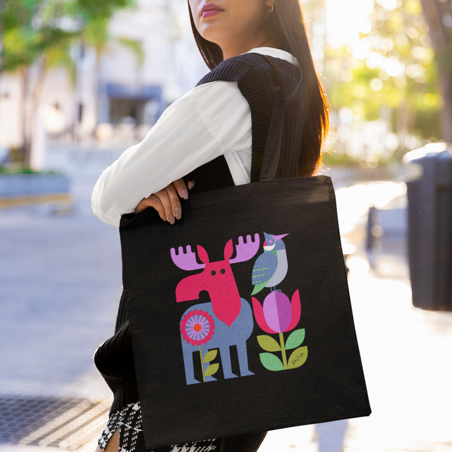 Sac tote en coton bio noir — Orignal et oiseau folk géométrique multicolore